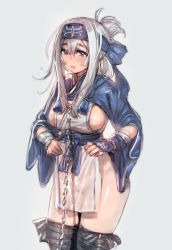 Rule 34 | 1girl, ainu clothes, bandana, black thighhighs, blue background, blue eyes, blush, bow (bhp), breasts, chain, folded ponytail, hair between eyes, headband, kamoi (kancolle), kantai collection, large breasts, legs together, long hair, long sleeves, looking at viewer, no panties, open mouth, pelvic curtain, revision, shiny skin, sideboob, sidelocks, simple background, sketch, solo, standing, thick eyebrows, thighhighs, thighs, white hair