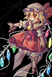 Rule 34 | 1girl, adapted costume, back bow, black background, blonde hair, bow, closed mouth, flandre day, flandre scarlet, full body, hair between eyes, hat, highres, large bow, mame komari, mary janes, medium hair, mob cap, multicolored wings, puffy short sleeves, puffy sleeves, red eyes, red footwear, red ribbon, red skirt, red vest, ribbon, shirt, shoes, short sleeves, simple background, skirt, socks, solo, touhou, vest, white bow, white hat, white shirt, white socks, wings, wrist ribbon