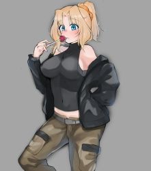 Rule 34 | 1girl, :p, absurdres, belt, black jacket, black shirt, blonde hair, blue eyes, brown pants, candy, casual, food, girls und panzer, grey background, grey belt, hair intakes, hair ornament, hair scrunchie, hair up, halterneck, highres, holding, holding candy, holding food, holding lollipop, jacket, kay (girls und panzer), kshimu, licking, lollipop, long sleeves, looking at viewer, medium hair, midriff, navel, off shoulder, open clothes, open jacket, orange scrunchie, pants, ponytail, scrunchie, shirt, simple background, solo, standing, tongue, tongue out