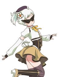 Rule 34 | 1boy, arm warmers, belt, black thighhighs, blue headwear, boots, closed mouth, cosplay, crossdressing, crossover, dirk strider, dress, fingerless gloves, flower, flower on head, flower ornament, gloves, grey thighhighs, highres, homestuck, leg up, mahou shoujo madoka magica, ribbon, short hair, simple background, skirt, solo, sunglasses, tagme, thighhighs, tomoe mami, tomoe mami (cosplay), trap, white background, white hair, yellow footwear, yellow ribbon, yellow skirt