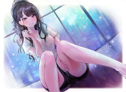 Rule 34 | 1girl, adjusting hair, between legs, black hair, blush, breasts, closed mouth, collarbone, feet out of frame, hand between legs, highres, idolmaster, idolmaster shiny colors, kazano hiori, knees together feet apart, long hair, medium breasts, messy hair, mole, mole under mouth, ponytail, purple eyes, shirt, short sleeves, shorts, sitting, smile, solo, sparkle, sweat, swept bangs, wet, wet clothes, wet shirt, white shirt, window, yuki (asayuki101)