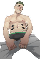 Rule 34 | 1boy, abs, absurdres, apex legends, bara, green hair, highres, large pectorals, looking at viewer, male focus, mature male, muscular, muscular male, navel, nipples, octane (apex legends), pectorals, philipposole, smile, solo, stomach, topless male
