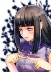 Rule 34 | 1girl, bad id, bad pixiv id, bare arms, black hair, blush, fidgeting, fingers together, gradient background, high collar, hime cut, hyuuga hinata, index fingers together, jacket, lips, long hair, looking down, naruto: the last, naruto (series), no pupils, purple eyes, shinmanawa, sleeveless, smile, solo, upper body