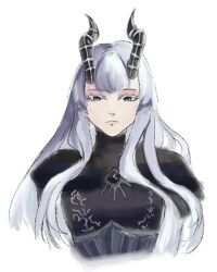 Rule 34 | 1girl, black dress, closed mouth, dress, grey eyes, horns, long hair, looking at viewer, serious, seris vritra, simple background, solo, the beginning after the end, very long hair, white background, white hair