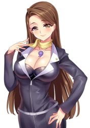 Rule 34 | 1girl, mia fey, bad id, bad twitter id, blush, breasts, brown eyes, brown hair, cleavage, ace attorney, highres, large breasts, long hair, looking at viewer, magatama, mole, mole under mouth, scarf, senri gan, smile, solo, standing, zipper