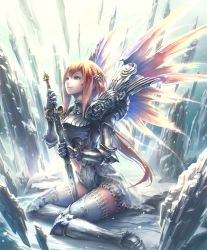 Rule 34 | 10s, 1girl, angel, angel wings, armor, artist request, blonde hair, blue eyes, cygames, enstatued seraph, glowing, glowing wings, hair ornament, holding, holding sword, holding weapon, looking up, official art, ponytail, ruins, shadowverse, shingeki no bahamut, short hair, smile, sword, thighhighs, weapon, wings