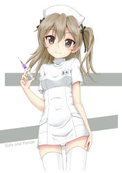 Rule 34 | 10s, 1girl, arm at side, black bow, bow, brown eyes, brown hair, closed mouth, commentary request, copyright name, cowboy shot, dress, fingernails, flipper, girls und panzer, gluteal fold, hair between eyes, hair bow, hat, head tilt, holding, holding syringe, name tag, nurse cap, one side up, panties, shimada arisu, short sleeves, skindentation, smile, solo, standing, syringe, thighhighs, underwear, white dress, white hat, white panties, white thighhighs
