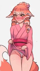 Rule 34 | 1girl, absurdres, animal ears, blush, body freckles, borrowed character, brown eyes, clothes lift, drill hair, embarrassed, female pubic hair, fox ears, fox girl, fox tail, freckles, fundoshi, highres, japanese clothes, kimono, kimono lift, looking at viewer, original, poppytart, pubic hair, pubic hair peek, red hair, solo, standing, sunset nivaris, tail, tan, tanline