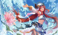 Rule 34 | 1girl, :d, absurdres, aqua eyes, armpits, blue bra, blue sky, blurry, blurry background, bra, cainlawiet, day, detached sleeves, floating hair, flower, genshin impact, highres, horns, long hair, long sleeves, looking at viewer, midriff, navel, nilou (genshin impact), open mouth, outdoors, pink flower, red hair, skirt, sky, smile, solo, splashing, standing, stomach, underwear, veil, very long hair, white skirt, white sleeves