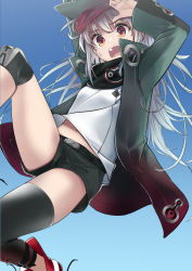 Rule 34 | 1girl, black shorts, black thighhighs, blue background, coat, g11 (girls&#039; frontline), girls&#039; frontline, grey hair, hat, highres, knee pads, long hair, long sleeves, multicolored coat, open mouth, red footwear, scarf, scarf on head, shirt, shoes, shorts, simple background, single thighhigh, sneakers, solo, sweat, tetuw, thighhighs, white shirt