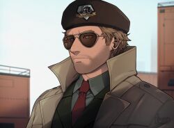Rule 34 | 1boy, aviator sunglasses, bags under eyes, beret, black hat, brown hair, coat, collared shirt, commentary, diamond dogs, english commentary, expressionless, facial hair, green jacket, grey-framed eyewear, hat, highres, jacket, kazuhira miller, male focus, metal gear (series), metal gear solid v: the phantom pain, military, military uniform, necktie, nitrous ruu, nose, overcoat, popped collar, red necktie, shirt, short hair, solo, stubble, sunglasses, trench coat, uniform