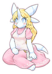 Rule 34 | 1girl, animal ears, animal feet, barefoot, blonde hair, blue eyes, blush, borrowed character, breasts, bright pupils, closed mouth, colored skin, dragon girl, dress, female focus, full body, furry, furry female, horns, kame (3t), long dress, long hair, looking at viewer, medium breasts, original, outline, pink dress, pink outline, puffy short sleeves, puffy sleeves, shirt, short sleeves, simple background, single horn, sitting, sleeveless, sleeveless shirt, snout, solo, split mouth, tail, white background, white pupils, white shirt, white skin, yokozuwari