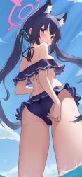 Rule 34 | 1girl, absurdres, animal ear fluff, animal ears, ass, bare legs, bare shoulders, bikini, black bikini, black hair, blue archive, blush, breasts, cat ears, cowboy shot, day, extra ears, frilled bikini, frills, from behind, from below, hair between eyes, halo, highres, long hair, looking at viewer, looking back, ocean, official alternate costume, outdoors, pink halo, red eyes, sakura rii, serika (blue archive), serika (swimsuit) (blue archive), small breasts, solo, swimsuit, twintails, water
