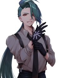Rule 34 | 1girl, androgynous, black gloves, black necktie, black pants, bright pupils, collared shirt, commentary, creatures (company), ear piercing, earrings, fujikonbu, game freak, gloves, green hair, grey shirt, hair between eyes, highres, jewelry, long hair, looking at viewer, necktie, nintendo, pants, parted lips, piercing, pokemon, pokemon sv, ponytail, putting on gloves, red eyes, reverse trap, rika (pokemon), shirt, simple background, sleeves rolled up, solo, swept bangs, triangle earrings, upper body, very long hair, white background, white pupils
