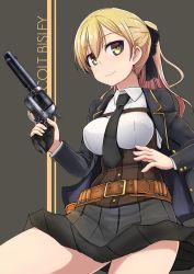Rule 34 | 1girl, belt, black dress, black jacket, black necktie, blazer, blonde hair, bow, brown belt, closed mouth, collared dress, colt bisley, commentary, dress, english commentary, gun, gunbelt, hair bow, handgun, highres, holding, holding gun, holding weapon, jacket, long hair, long sleeves, looking at viewer, necktie, original, pleated dress, ponytail, revolver, short dress, smile, solo, standing, tokihama jirou, weapon, wing collar, yellow eyes
