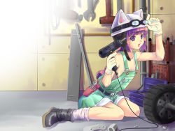 Rule 34 | 1girl, boots, engineer, gloves, goggles, goggles on head, helm, helmet, naked overalls, original, overall shorts, overalls, pink hair, purple eyes, purple hair, short hair, sitting, solo, source request, tama two (fukuya), tools, wariza