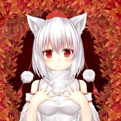 Rule 34 | 1girl, :3, animal ears, autumn leaves, bare shoulders, blush, breasts, detached sleeves, hand on own chest, hat, highres, inubashiri momiji, large breasts, leaf, leaf background, looking at viewer, oohirakeisuke, pom pom (clothes), red eyes, short hair, silver hair, solo, tokin hat, touhou, wolf ears