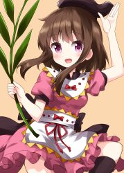 Rule 34 | 1girl, apron, arm up, black headwear, black legwear, bow, brown hair, cowboy shot, dress, highres, holding, holding plant, looking at viewer, myouga (plant), nishida satono, open mouth, orange background, pink dress, pink eyes, plant, red bow, red ribbon, ribbon, ruu (tksymkw), short hair with long locks, simple background, smile, solo, standing, touhou, waist apron, white apron