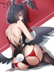 1girl animal_ears ass black_leotard black_wings blue_archive fake_animal_ears feathered_wings halo highres komena_(shinyday312) leotard low_wings mashiro_(blue_archive) playboy_bunny rabbit_ears rabbit_tail red_halo solo strapless strapless_leotard tail winged_halo wings