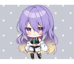 Rule 34 | 1girl, bad id, bad pixiv id, belt, black belt, blonde hair, blue bow, blue bowtie, boots, bow, bowtie, chibi, closed mouth, contrapposto, full body, gradient hair, hair between eyes, hololive, hololive indonesia, jacket, long hair, looking at viewer, midriff, moona hoshinova, multicolored hair, navel, noi mine, off shoulder, purple eyes, purple hair, smile, solo, very long hair, virtual youtuber, white jacket