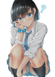 Rule 34 | 1girl, ?, ass, black hair, black socks, blue eyes, blue hair, blue necktie, blue scrunchie, closed mouth, collared shirt, colored inner hair, commentary request, crotch seam, dress shirt, grey panties, grey skirt, hair ornament, hairclip, hand on own face, highres, long sleeves, looking at viewer, loose necktie, miniskirt, mole, mole on ass, mole under eye, multicolored hair, necktie, original, panties, pleated skirt, school uniform, scrunchie, shirt, short hair, simple background, skirt, sleeves rolled up, socks, solo, squatting, sunsun2812, thighs, underwear, uniform, white background, white shirt, wing collar, wrist scrunchie