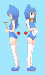 Rule 34 | 1girl, animal ears, ankle boots, aqua background, ass, back-to-back, bamboo copter, bell, blue hair, boots, brown eyes, cat ears, collar, covered erect nipples, doraemon, doraemon (character), dual persona, flat chest, full body, genderswap, genderswap (mtf), hands in pocket, holding, kokudou juunigou, long hair, looking down, multiple views, neck bell, one-piece swimsuit, open mouth, personification, pocket, simple background, swimsuit, tail, takecopter, thighhighs, whiskers, white thighhighs