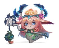 Rule 34 | 1girl, :&gt;, blonde hair, blue eyes, full body, hair between eyes, hair ornament, highres, holding, holding staff, horns, horse girl, league of legends, lillia (league of legends), long hair, looking at viewer, lxi (lxi141), multicolored hair, pink hair, shan hai scrolls lillia, simple background, solo, staff, white background