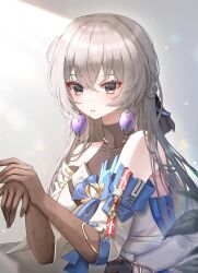 Rule 34 | absurdres, arm rest, armpit crease, bare shoulders, black gloves, black undershirt, blush, bronya rand, collarbone, commentary, crossed bangs, detached sleeves, dress, earrings, elbow gloves, floral print, gloves, grey background, grey eyes, grey hair, half updo, highres, honkai: star rail, honkai (series), jewelry, lens flare, light particles, light rays, long hair, looking at viewer, nq (nnq q), parted lips, shirt, sidelocks, sleeveless, sleeveless dress, sleeveless shirt, symbol-only commentary, undershirt, upper body, white dress, white sleeves