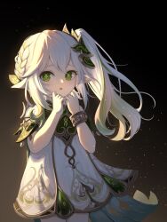 Rule 34 | 1girl, backlighting, black background, bracelet, braid, cape, commentary request, detached sleeves, dress, genshin impact, gradient hair, green eyes, hair between eyes, hair ornament, highres, jewelry, leaf hair ornament, long hair, looking at viewer, morte (morte00097530), multicolored hair, nahida (genshin impact), parted lips, pointy ears, short dress, short sleeves, side ponytail, sidelocks, simple background, single braid, solo, symbol-shaped pupils, two-tone hair, white dress, white hair