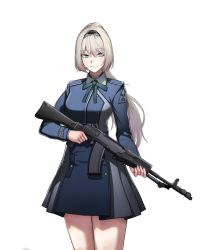 Rule 34 | 1girl, an-94, an-94 (girls&#039; frontline), assault rifle, blonde hair, blue dress, blue eyes, breasts, cero (last2stage), commission, dress, girls&#039; frontline, grey dress, gun, highres, holding, holding gun, holding weapon, kalashnikov rifle, long hair, long sleeves, lycoris recoil, lycoris uniform, magazine (object), medium breasts, ponytail, rifle, solo, standing, weapon, white background