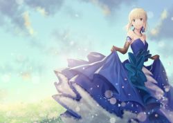 Rule 34 | 1girl, ahoge, artoria pendragon (all), artoria pendragon (fate), bad id, bad pixiv id, black gloves, blonde hair, blue dress, breasts, dress, elbow gloves, fate/stay night, fate (series), gloves, green eyes, highres, jewelry, matsuharu (lip-mil), necklace, saber (fate), skirt hold, small breasts, solo