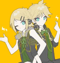 Rule 34 | 0211nami, 1boy, 1girl, black suit, blonde hair, blue eyes, bow, bowtie, commentary, formal, green bow, green bowtie, green necktie, hair ornament, hairpin, kagamine len, kagamine rin, lightning bolt symbol, long sleeves, looking at viewer, necktie, one eye closed, project diva (series), receiver (module), remote control (vocaloid), sleeveless, suit, symbol-only commentary, transmitter (module), upper body, vocaloid