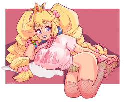 Rule 34 | 1girl, alternate costume, bimbo peach, blonde hair, blue eyes, borrowed design, bracelet, braid, breasts, collar, cream, crown, earrings, english text, eyebrows hidden by hair, fishnets, hair between eyes, hair ornament, hand on own face, head tilt, high heels, jewelry, klimspree, lactation, lactation through clothes, large breasts, looking at viewer, lying, mario (series), nintendo, pink shirt, princess peach, puddle, shirt, simple background, spiked collar, spikes, super mario bros. 1, thighhighs, thighs, twin braids, twintails