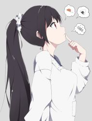 Rule 34 | 10s, 1girl, alternate costume, alternate hairstyle, apron, black hair, curry, curry rice, finger to mouth, fish, food, from side, hair ornament, hair scrunchie, isokaze (kancolle), kantai collection, kappougi, koutya, long hair, onigiri, ponytail, profile, red eyes, rice, scrunchie, simple background, solo, spoken food, thought bubble, very long hair
