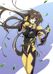 Rule 34 | 1girl, :o, black bodysuit, bodysuit, breasts, brown hair, covered navel, fortified suit, highres, kamon rider, leaf, leaning to the side, long hair, looking at viewer, medium breasts, muv-luv, muv-luv alternative, muv-luv total eclipse, open mouth, purple eyes, skin tight, solo, takamura yui, very long hair