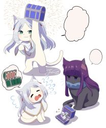 2girls absurdres animal_ears animalization black_fur black_tail blue_scarf blush capelet cat_ears cat_tail closed_mouth crying earrings fern_(sousou_no_frieren) frieren furry furry_female gem green_eyes highres j_humbo jewelry long_hair multiple_girls open_mouth purple_eyes purple_hair scarf sousou_no_frieren tail tears twintails white_background white_capelet white_fur white_hair white_tail