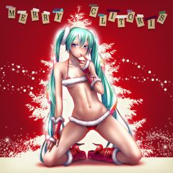 Rule 34 | 1girl, aqua eyes, aqua hair, bare shoulders, bikini, blush, boots, collarbone, english text, finger in own mouth, fingerless gloves, fingernails, full body, fur trim, gloves, hair ornament, hand on own thigh, hand on thigh, hatsune miku, high heel boots, high heels, kneeling, lips, long hair, merry christmas, multicolored eyes, nail polish, navel, pink eyes, pun, red bikini, santa costume, shadow, shiny skin, shoes, simple background, solo, spread legs, swimsuit, twintails, very long hair, vocaloid, white background, wokada