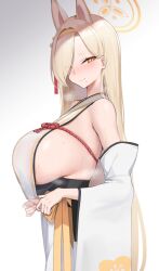 Rule 34 | 1girl, animal ears, bare shoulders, blonde hair, blue archive, blush, breasts, clothes pull, detached sleeves, fox ears, gradient background, hair over one eye, hairband, halo, highres, huge breasts, japanese clothes, kaho (blue archive), kimono, long hair, long sleeves, looking at viewer, mole, mole under mouth, pulling own clothes, sideboob, sleeveless, sleeveless kimono, solo, steaming body, suzuya (maru), sweat, thick eyebrows, white kimono, wide sleeves, yellow eyes, yellow hairband, yellow halo