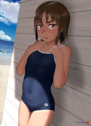 Rule 34 | 1girl, arena (company), artist logo, beach, blue one-piece swimsuit, blue sky, brown eyes, brown hair, cloud, competition school swimsuit, cowboy shot, day, dutch angle, flat chest, from side, hair between eyes, half-closed eyes, highres, horizon, legs together, logo, looking at viewer, mu-pyon, ocean, one-piece swimsuit, original, outdoors, parted bangs, school swimsuit, scowl, short hair, skin tight, sky, solo, standing, swimsuit, tan, tanline, thighs, twitter username