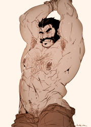Rule 34 | 1boy, abs, arm hair, armpit hair, armpits, arms up, bara, blood, brown theme, chest hair, cuts, facial hair, feet out of frame, graves (league of legends), injury, large pectorals, league of legends, male focus, male pubic hair, mature male, monochrome, muscular, muscular male, mustache, navel, navel hair, nipple piercing, nipple rings, nipples, old, old man, open fly, open pants, pants, pectorals, piercing, pubic hair, pubic hair peek, rybiok, saliva, sexually suggestive, short hair, sideburns, solo, stomach, stubble, topless male, wrinkled skin