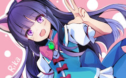 Rule 34 | 1girl, animal ears, aqua vest, blue bow, blue sailor collar, blunt bangs, blush, bow, character name, commentary request, dutch angle, furude rika, hand up, highres, higurashi no naku koro ni, kaya (tyhk7874), long hair, looking at viewer, necktie, open mouth, outline, pink background, pink necktie, puffy sleeves, purple eyes, purple hair, red bow, red ribbon, ribbon, sailor collar, shirt, short sleeves, sleeve ribbon, smile, solo, upper body, w, waist bow, white shirt