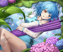 Rule 34 | 1girl, :p, blue eyes, blue flower, blue hair, blue vest, blush, breasts, bush, commentary request, eyelashes, flower, grass, heterochromia, holding, holding umbrella, karakasa obake, long sleeves, looking at viewer, lying, medium breasts, mookyuu9, oil-paper umbrella, on back, pink flower, purple flower, ripples, shirt, short hair, solo, tatara kogasa, thighs, tongue, tongue out, touhou, umbrella, vest, water, water drop, wet, wet clothes, white shirt