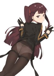Rule 34 | 1girl, 2l (2lsize), bad id, bad twitter id, black jacket, black pantyhose, blunt bangs, blush, braid, french braid, girls&#039; frontline, gloves, highres, jacket, long hair, looking at viewer, lying, on stomach, one side up, panties, panties under pantyhose, pantyhose, purple hair, red eyes, side ponytail, simple background, solo, thighs, underwear, very long hair, wa2000 (girls&#039; frontline), white background