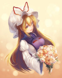 Rule 34 | 1girl, blonde hair, bouquet, bow, dqn (dqnww), dress, flower, hat, hat bow, long hair, long sleeves, mob cap, open mouth, smile, solo, tabard, touhou, upper body, very long hair, white dress, wide sleeves, yakumo yukari, yellow eyes