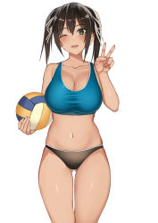 Rule 34 | 1girl, ;d, ball, bare arms, bare shoulders, beach volleyball, black hair, black panties, breasts, cleavage, collarbone, crop top, gluteal fold, green eyes, hair ribbon, hand up, highres, holding, kureha (ironika), large breasts, long hair, looking at viewer, md5 mismatch, midriff, navel, one eye closed, open mouth, original, panties, resolution mismatch, ribbon, sidelocks, simple background, sleeveless, smile, solo, source smaller, sports bra, standing, stomach, taut clothes, thighs, twintails, underwear, v, volleyball, volleyball (object), white background