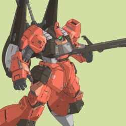Rule 34 | bmwsb0, foot out of frame, green background, green eyes, gun, gundam, highres, holding, holding gun, holding weapon, mecha, mobile suit, no humans, one-eyed, open hand, rick dias, robot, science fiction, simple background, solo, weapon, zeta gundam