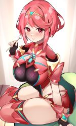 Rule 34 | 1girl, absurdres, black gloves, bob cut, breasts, chest jewel, ear cleaning, earrings, enishi96, fingerless gloves, gem, gloves, headpiece, highres, jewelry, large breasts, mimikaki, pyra (xenoblade), red eyes, red hair, red shorts, red thighhighs, short hair, short shorts, shorts, solo, swept bangs, thighhighs, tiara, xenoblade chronicles (series), xenoblade chronicles 2