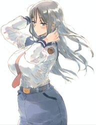 Rule 34 | 1girl, alice gear aegis, belt, black hair, blue eyes, blue skirt, blush, breast pocket, breasts, closed mouth, hands in hair, kagome misaki, large breasts, long hair, long sleeves, looking at viewer, necktie, pencil skirt, pocket, red necktie, simple background, skirt, solo, suzumaru, white background