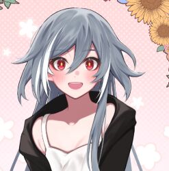 Rule 34 | 1girl, black jacket, commentary request, eyeliner, flower, fu hua, fu hua (herrscher of sentience), grey hair, hair between eyes, honkai (series), honkai impact 3rd, jacket, leaf, long hair, looking at viewer, makeup, multicolored hair, open clothes, open jacket, open mouth, red eyeliner, red eyes, shirt, sleeveless, sleeveless shirt, solo, streaked hair, sunflower, upper body, white hair, white shirt, yellow pupils, yunomi (yunomi hs)