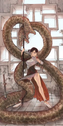 Rule 34 | 1girl, alcohol, asymmetrical clothes, bad id, bad pixiv id, brown hair, china dress, chinese clothes, cupping glass, dress, highres, honoji, jian (weapon), katana, long image, original, polearm, short hair, single thighhigh, snake, solo, spear, sword, tall image, thighhighs, weapon, wine